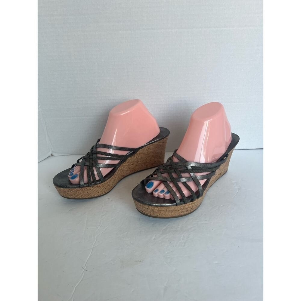 KOOLABURRA BY UGG Pewter Leather Strappy Cork Wedge Platform Slip On Sandals 11